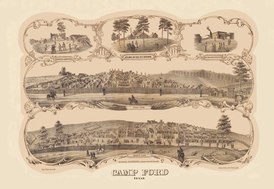 Wood cut engraving of Camp Ford, Texas. Originally drawn by Jas. S. McClain, captured on May 3, 1864, and held prisoner until the final exchange on May 27, 1865.