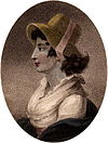 Half-length profile portrait of a woman wearing a bonnet