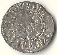 A faded silver coin with an indistinct king's head in the centre with long hair, surrounded by faded writing.