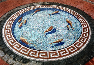 Fishpond Mosaic designed by Gary Drostle and made by Gary Drostle and Rob Turner in 1996 for Croydon Council, UK.