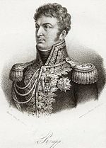 Black and white print labeled Rapp of a curly-haired man with long sideburns. He wears a dark military uniform covered with gold lace.