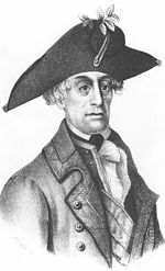 Black and white print of a large-eyed man in a large bicorne hat, open coat, and frilled shirt-front