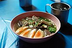 Kuaichap is a Thai Chinese noodle soup containing intestines and liver.