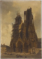 Reims Cathedral under restoration in 1845, by Adrien Dauzats