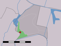 The village (dark red) and the statistical district (light green) of Haarlemmerliede in the former municipality of Haarlemmerliede en Spaarnwoude.