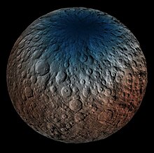 a polar image of Ceres showing dark blue across the northern hemisphere