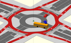 Diagram of a single-lane roundabout with a circulatory segregated cycle roundabout. Cyclists and pedestrians have priority over vehicles joining and leaving the roundabout.