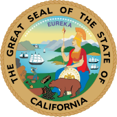 Seal of California, showing Minerva with a bear before her, a miner is busy to her left, and there is a busy river and mountains behind her