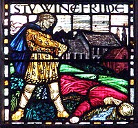 Detail of the west window in Shrewsbury Cathedral depicting the martyrdom of Saint Winefride