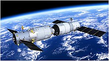 Rendering of Tianzhou-1 cargo spacecraft (left) and Tiangong-2 Space Laboratory (right) assembly in space