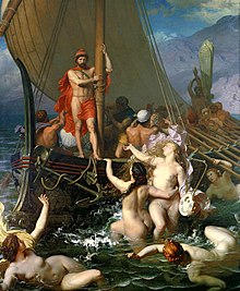 A painting of Odysseus being tempted by the Sirens.