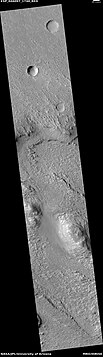 Wide view of layered terrain, as seen by HiRISE under HiWish program. Note: parts of this image are enlarged in the next three images.