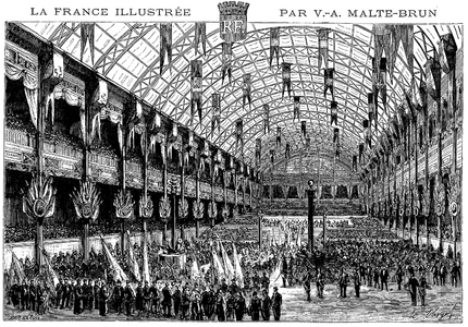 The Palace of Industry from the 1878 Exposition. New technologies displayed inside included Alexander Graham Bell's telephone and Thomas Edison's phonograph.