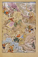 The Mughal emperor Jahangir's Lion Hunt, c. 1615, in a Persian-style landscape