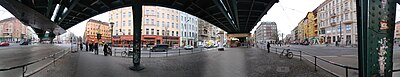 360°-Panorama of the intersection of Schönhauser Allee with Danziger and Eberswalder Straße. From left to right: junction of Eberswalder Straße, Schönhauser Allee toward the north (with elevated train track), Pappelallee, junction of Danziger Straße, Schönhauser Allee toward the south, Kastanienallee