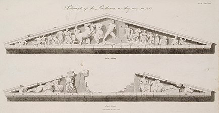 Illustrations with the sculptures of the two pediments of the Parthenon, by James Stuart and Nicholas Revett in 1794