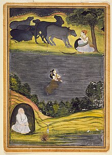 Painting of a woman swimming across a river