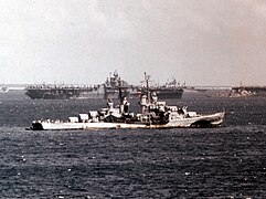 The United States Fifth Fleet departs for Okinawa in March 1945, in the final stages of the War of the Pacific.