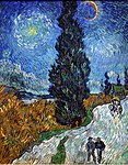 Road with Cypress and Star, May 1890, Kröller-Müller Museum. Art historian Ronald Pickvance wrote: the painting Road with Cypress and Star represents an exalted experience of reality, a conflation of North and South, what both van Gogh and Gauguin referred to as an "abstraction".[25]
