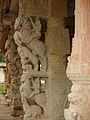 Pillars with Yali and Kudure Gombe ("horse doll") at Ranganatha temple, Rangasthala, Chikkaballapur district, Karnataka state, India