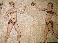 Mosaic of female athletes playing ball at the Villa Romana del Casale of Piazza Armerina, 4th century AD