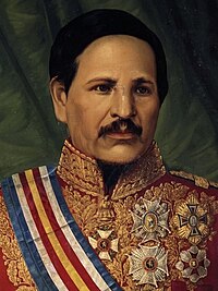A headshot oil painting of Rafael Carrera wearing mid 19th century military uniform, a presidential sash, and five national orders/awards