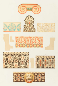 Ancient Greek polychrome palmettes, illustrated by Jacques Ignace Hittorff, 1830 (published in 1851)[37]