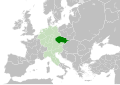 The Czech state in form of Duchy of Bohemia (green) in 11th century, within the Holy Roman Empire (light green).