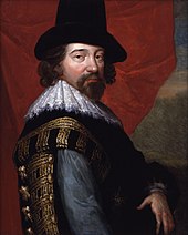 Portrait with side view of a bearded man wearing a tall hat; the face looks out of the picture. Sir Francis Bacon (1561–1626)
