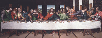 The Last Supper, c. 1520, by Giampietrino, oil on canvas, in the collection of the Royal Academy of Arts, London.[c] This full-scale copy was the main source for the 1978–1998 restoration of the original. It includes several lost details such as Christ's feet and the salt cellar spilled by Judas. Giampietrino is thought to have worked closely with Leonardo when he was in Milan.