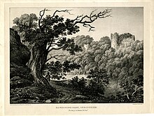 lithograph of a ruined castle on a cliff