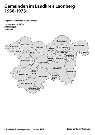 Damalige Gemeinden im Landkreis Leonberg zum Gebietsstand 1957.