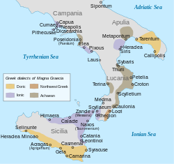 Ancient Greek colonies and their dialect groupings in Magna Graecia.