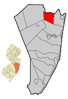 Location of Lakewood Township in Ocean County highlighted in red (right). Inset map: Location of Ocean County in New Jersey highlighted in orange (left).