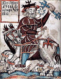An illustration of Odin riding Sleipnir, in an 18th-century Icelandic manuscript of the "Prose Edda", source: Danish Royal Library.
