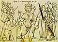Ottos Sieg über Berengar II. (Illustration einer Handschrift der Weltchronik Ottos von Freising, um 1200 (Mailand, Bibliotheca Ambrosiana, Ms. f. 129sup)). Otto I. („Theotonicorum rex“) empfängt als Zeichen der Unterwerfung ein Schwert vom links knienden König, der mit „Beringarius“ bezeichnet wird. Der Gefolgsmann Ottos rechts trägt ein Schwert mit der Spitze nach oben als Zeichen der Richtgewalt