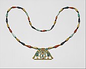 Pectoral and necklace of Princess Sithathoriunet; 1887–1813 BC; gold, carnelian, lapis lazuli, turquoise, garnet & feldspar; height of the pectoral: 4.5 cm; Metropolitan Museum of Art