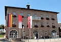 The Franconian flag at half mast in front of Pleinfeld town hall in the county of Weißenburg-Gunzenhausen, Middle Franconia