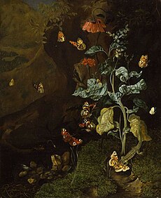 Still life with flowers, butterflies and a lizard in a dell, 1700