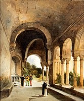Two Young Noblemen in the Cloister of a Monastery with Two Dominican Monks (1834, private collection)
