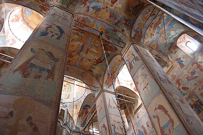 The interior of Vologda Cathedral, Russia, is painted with murals.