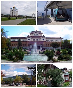 Top: Cathedral of the Nativity of Christ, Gorny Vozduh Resort Cablecar, Center: Sakhalin Regional Museum, Bottom: Yuzhino-Sakhalinsk Gagarin Park, Anton Chekhov Museum and monument (all of item from left to right)