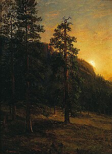 Painting of a hillside of redwoods with the edge sun seen behind a hill