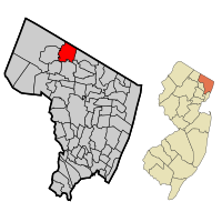 Location of Upper Saddle River in Bergen County highlighted in red (left). Inset map: Location of Bergen County in New Jersey highlighted in orange (right).