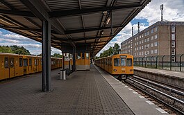 Two trains at Hönow, the eastern terminus of the U5