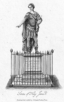 Engraving of the statue of King James II by T. Lester (1816), without a baton