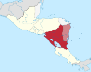 A map of the Federal Republic of Central America's states with Nicaragua shaded in red and the disputed territory of the Mosquito Coast in light red