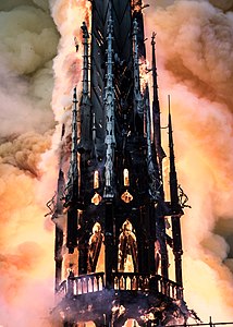 Spire of Notre-Dame de Paris on fire, by LEVRIER Guillaume
