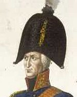 Painting of a frowning man wearing a blue military coat with a high collar and an enormous bicorne hat.
