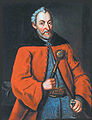 Hetman Zamoyski, in crimson delia and blue żupan, holding hetman's buława